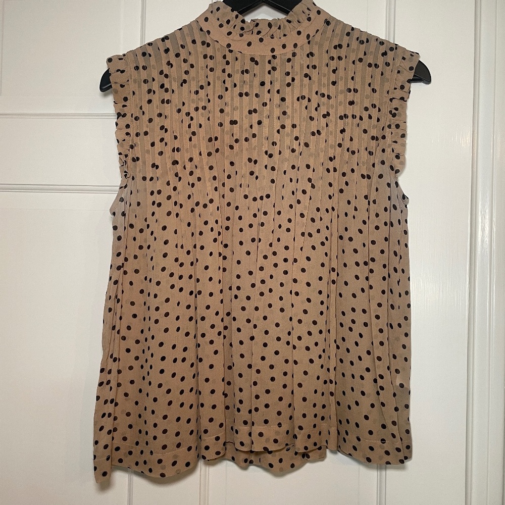 Ganni Pintuck Ruffle Swing Top Size 40/Size 8 Tan w Black Polka Dots Sleeveless